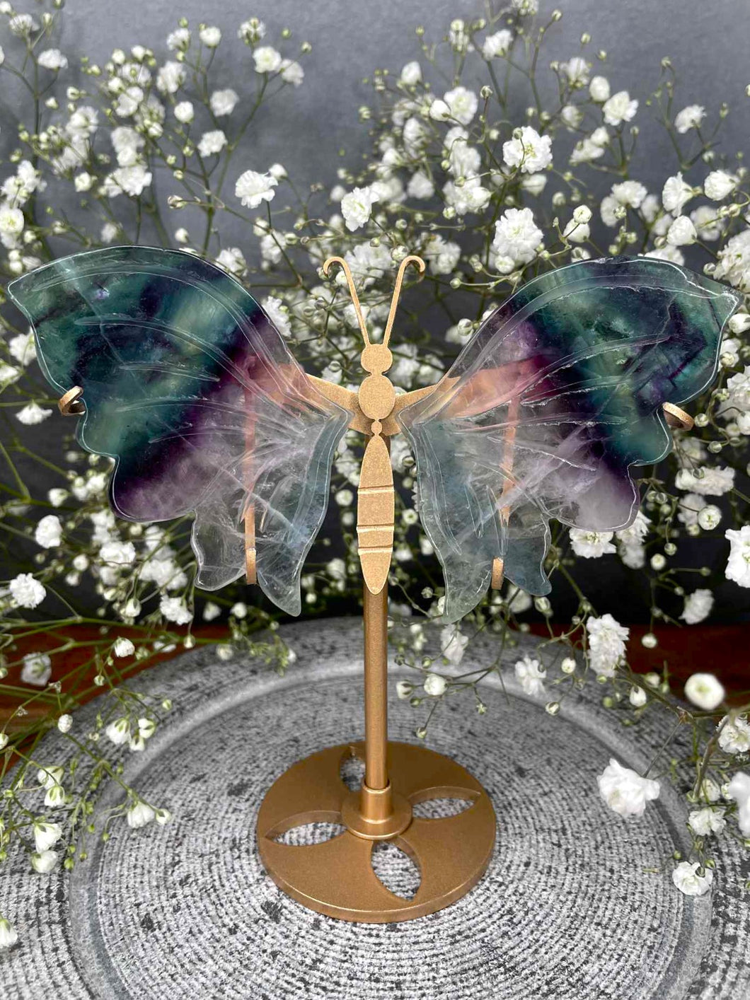 Transparent Rainbow Fluorite Butterfly Wings On Gold Stand