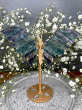 Load image into Gallery viewer, Rainbow Fluorite Butterfly Wings On Gold Stand
