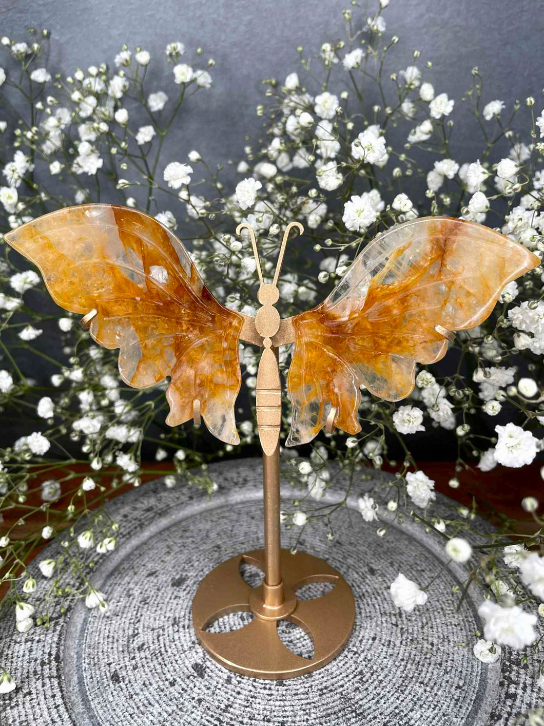 Golden Healer Quartz Crystal Butterfly Wings On Gold Stand Crown Chakra