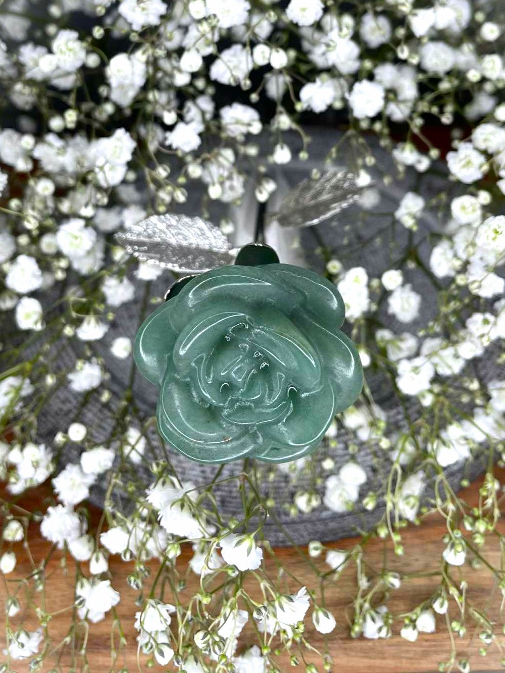 Green Aventurine Crystal Rose Carving Silver Stem