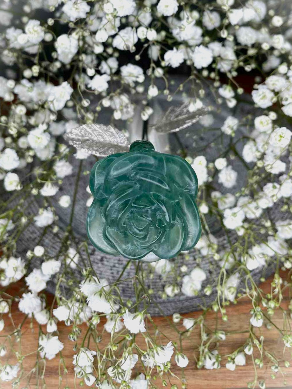 Harmony Green Fluorite Crystal Rose Carving Silver Stem