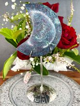 Load image into Gallery viewer, Kyanite Fuchsite Ruby Crescent Moon On Silver Zodiac Stand
