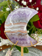 Load image into Gallery viewer, Amethyst Mexican Crazy Lace Agate Crescent Moon On Gold Stand
