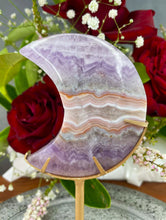 Load image into Gallery viewer, Amethyst Mexican Crazy Lace Agate Crescent Moon On Gold Stand
