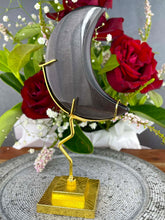 Load image into Gallery viewer, Silver Sheen Obsidian Crescent Moon On Gold Stand
