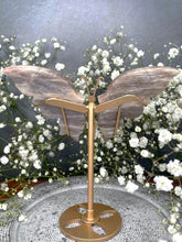 Load image into Gallery viewer, Moonstone With Sunstone Blue Flash Crystal Butterfly Wings On Gold Stand
