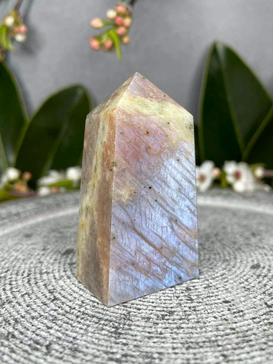 Moonstone Crystal Tower Point With Sunstone Blue Flash