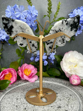 Load image into Gallery viewer, Moonstone with Black Tourmaline Crystal Butterfly Wings On Gold Stand
