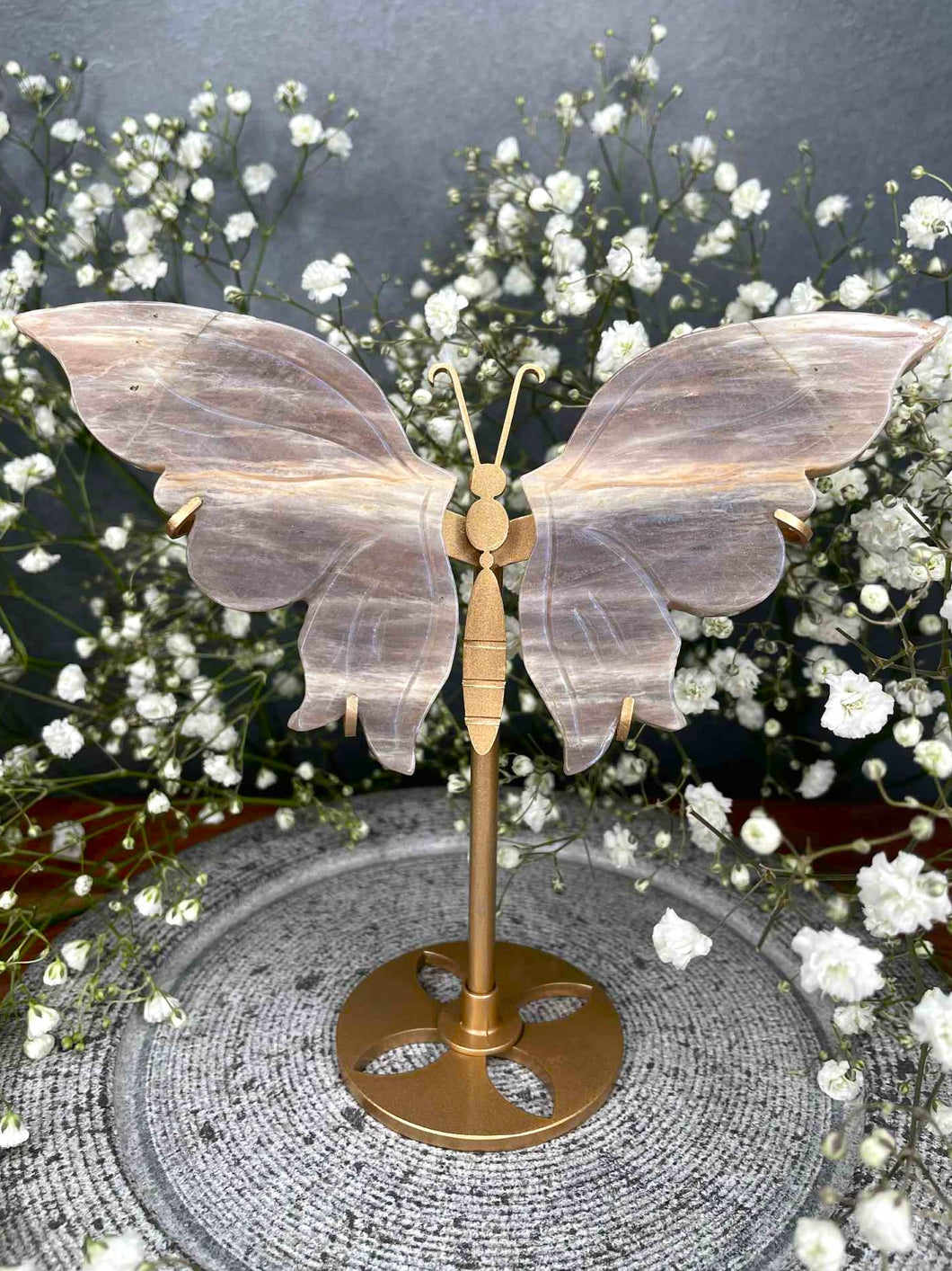 Moonstone With Sunstone Blue Flash Crystal Butterfly Wings On Gold Stand