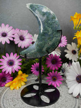 Load image into Gallery viewer, Moss Agate Crystal Crescent Moon Carving Black Stand
