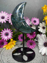 Load image into Gallery viewer, Beautiful Moss Agate Crystal Crescent Moon Carving Black Stand
