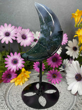 Load image into Gallery viewer, Beautiful Moss Agate Crystal Crescent Moon Carving Black Stand
