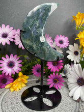 Load image into Gallery viewer, Moss Agate Crystal Crescent Moon Carving Black Stand

