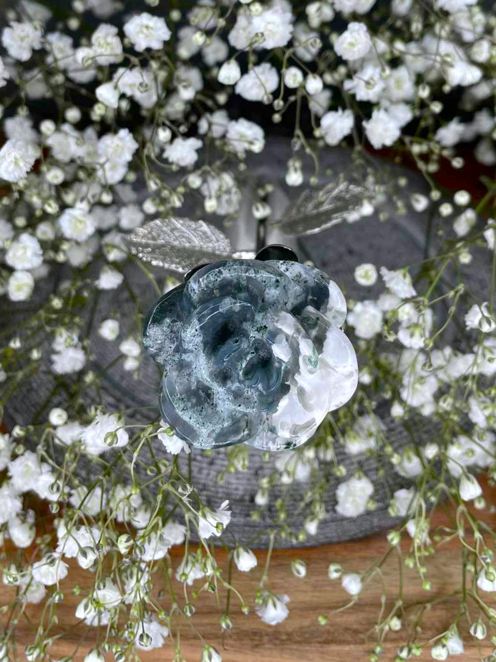 Grounding Moss Agate Crystal Rose Silver Stem