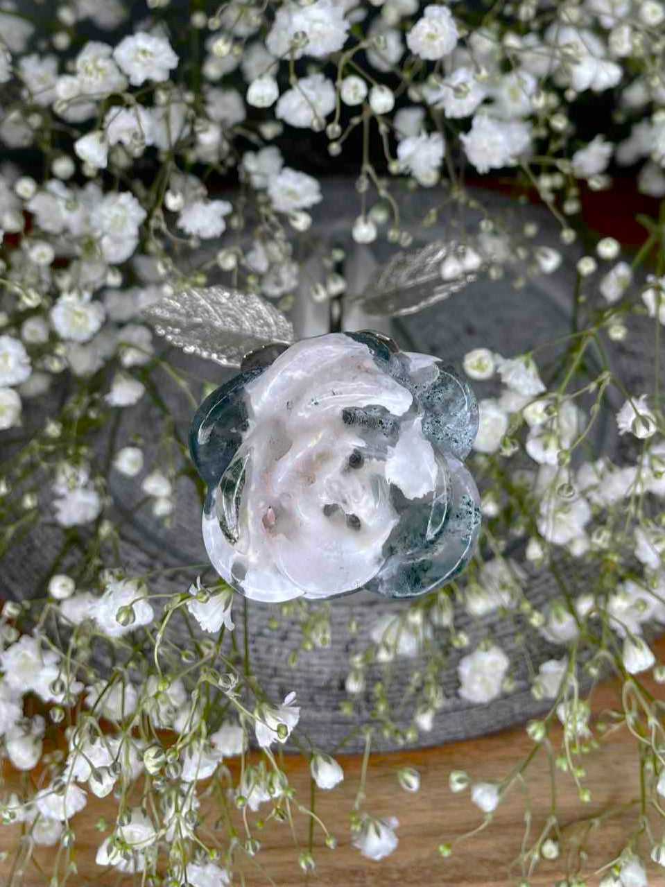 Balance Moss Agate Crystal Rose Silver Stem