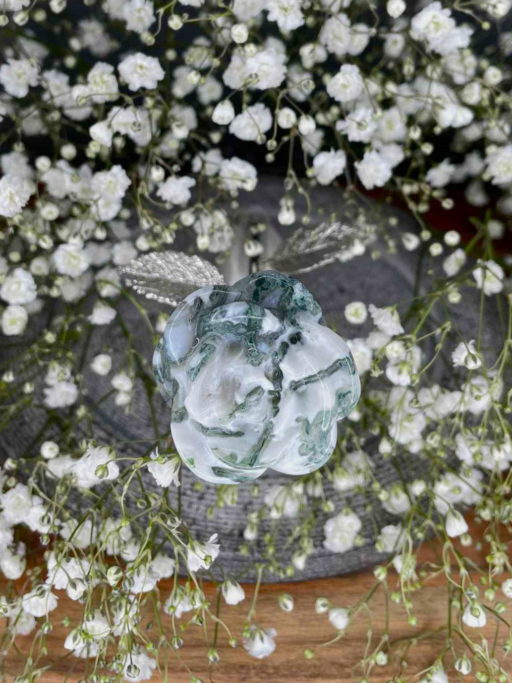 Growth Moss Agate Crystal Rose Silver Stem