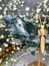 Load image into Gallery viewer, Natural Moss Agate Crystal Butterfly Wings on Gold Stand
