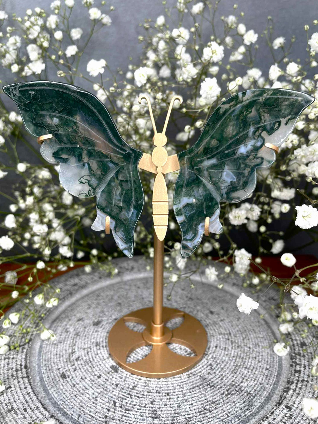 Incredible Moss Agate Crystal Butterfly Wings on Gold Stand