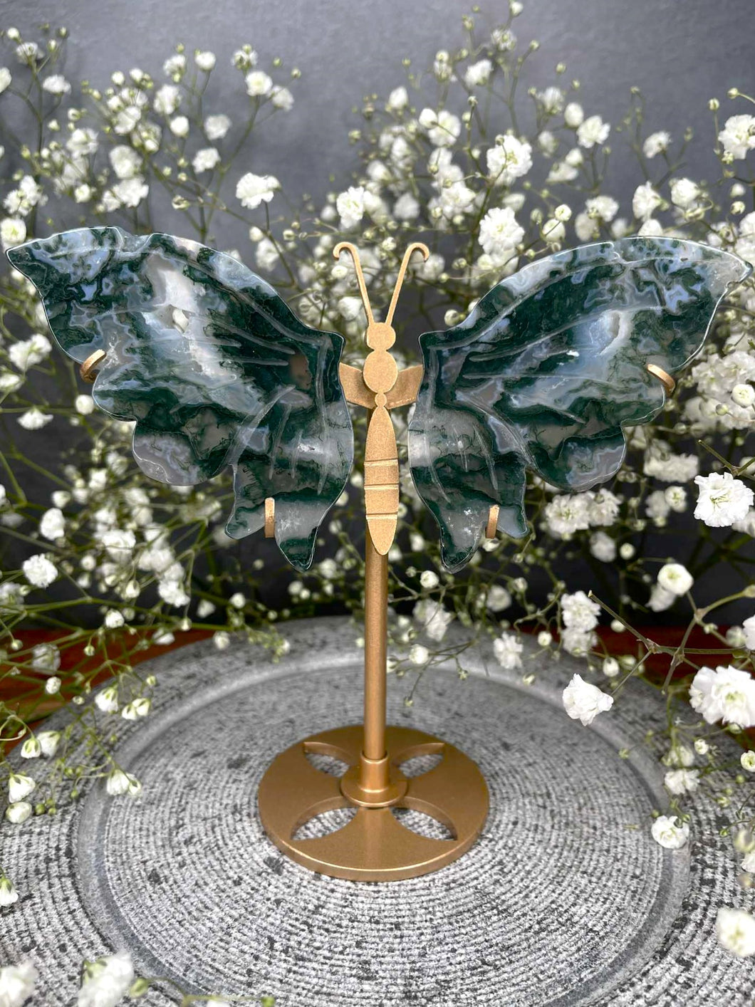 Natural Moss Agate Crystal Butterfly Wings on Gold Stand