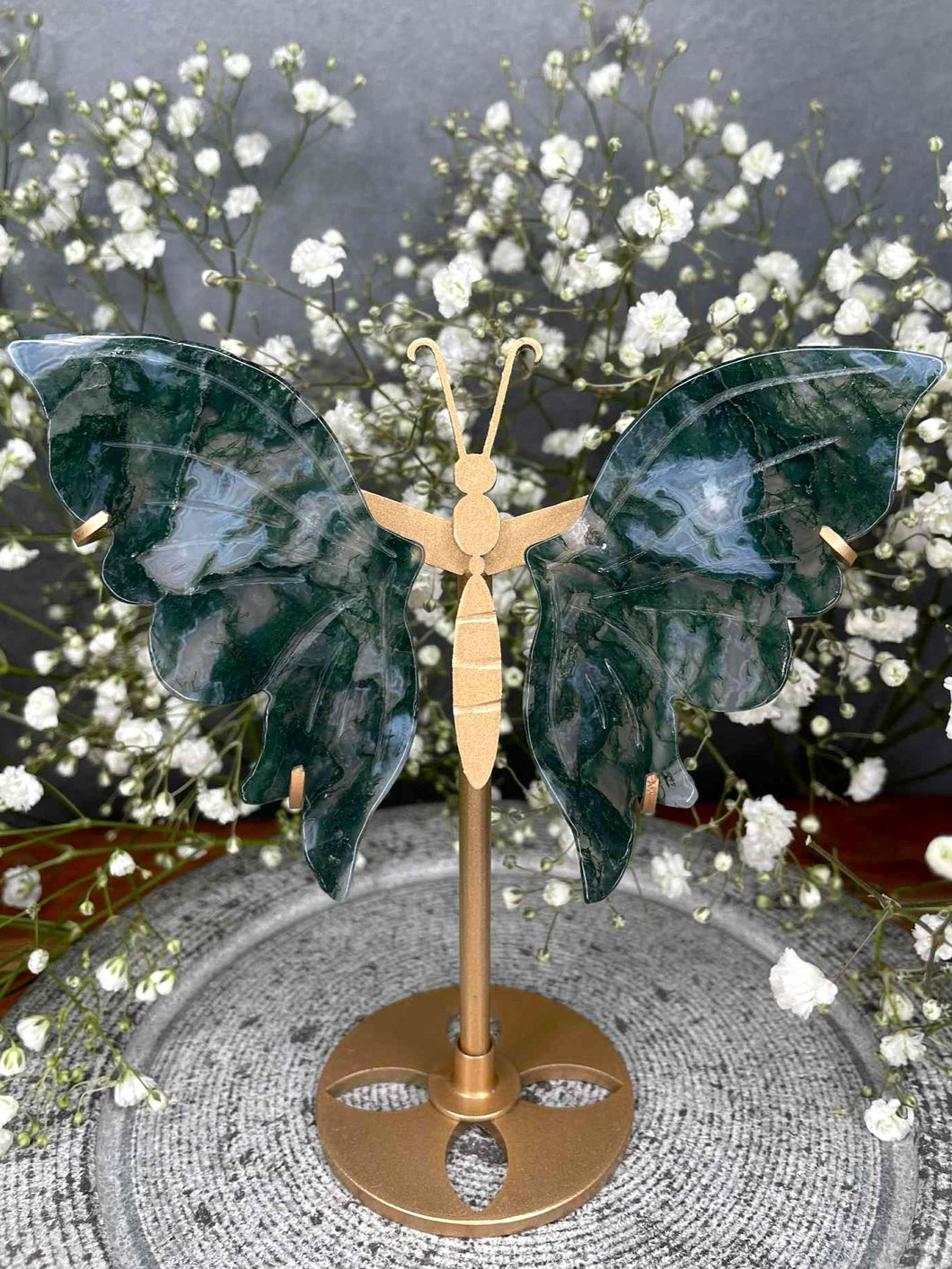 Stability Moss Agate Crystal Butterfly Wings on Gold Stand