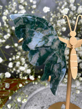 Load image into Gallery viewer, Stability Moss Agate Crystal Butterfly Wings on Gold Stand
