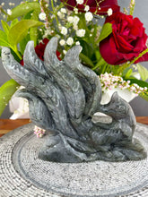 Load image into Gallery viewer, Nine-tailed Fox Labradorite Crystal Carving Purple Rainbow Flash
