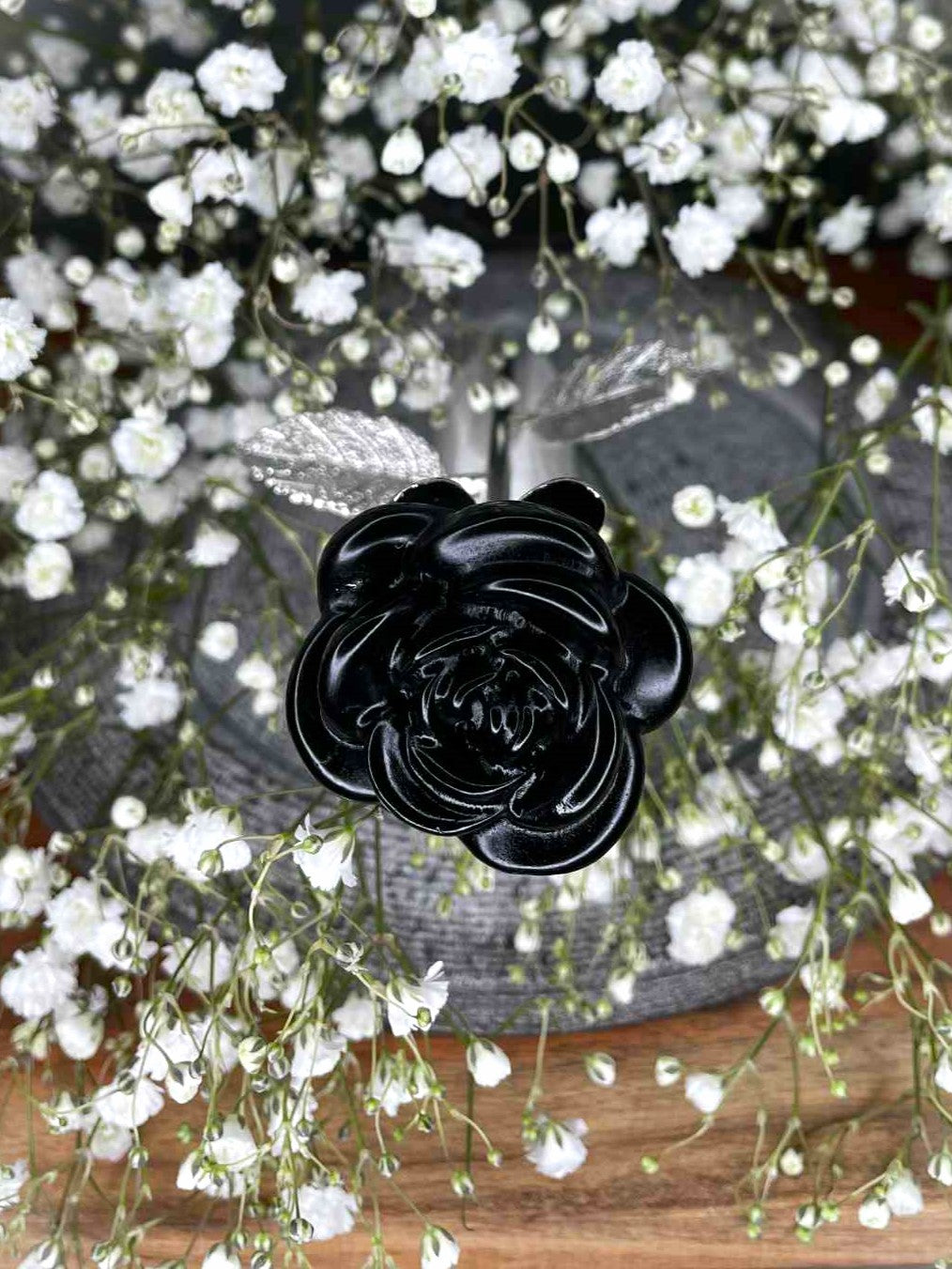 Protection Obsidian Crystal Rose Silver Stem