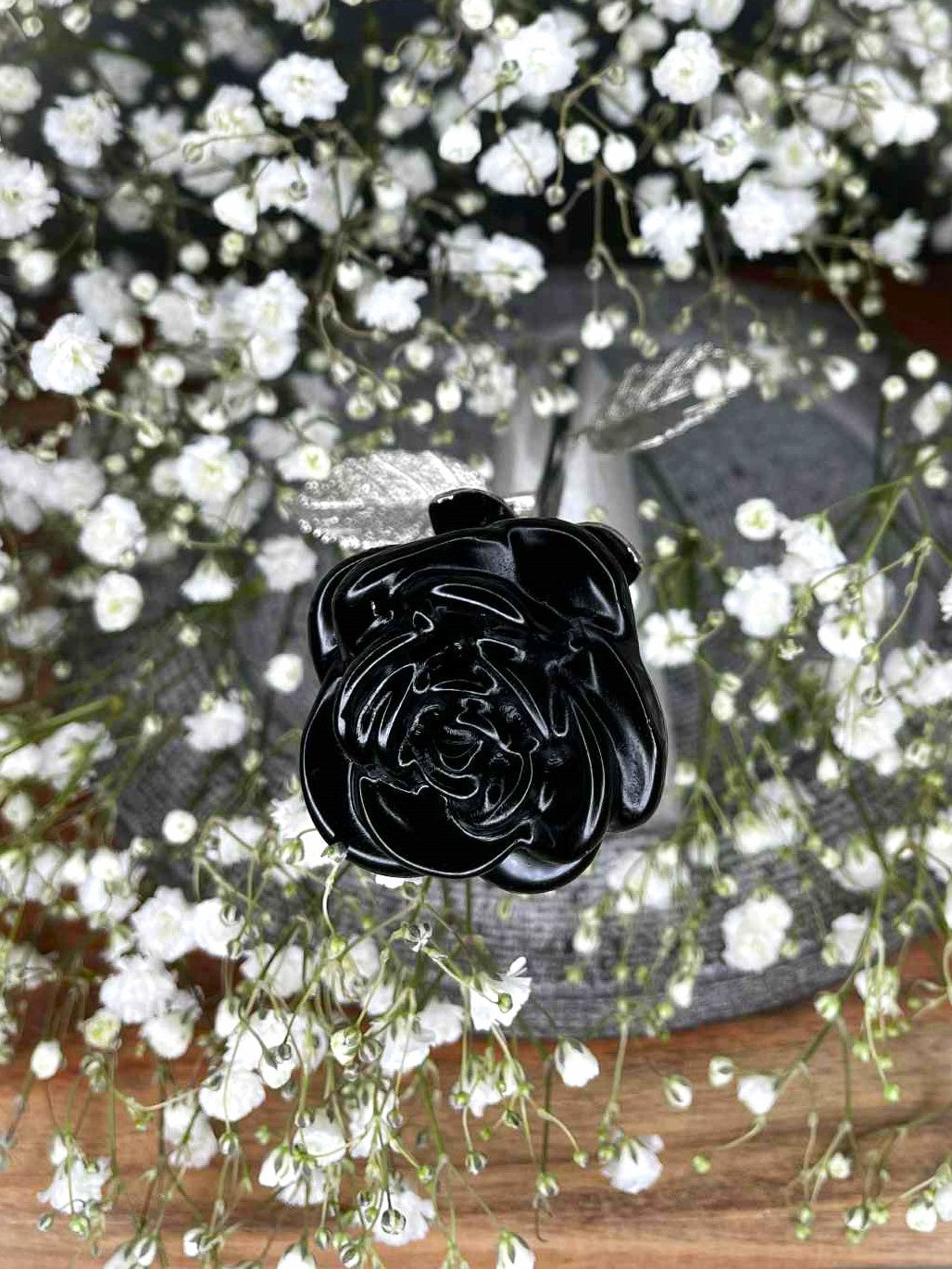 Grounding Obsidian Crystal Rose Silver Stem