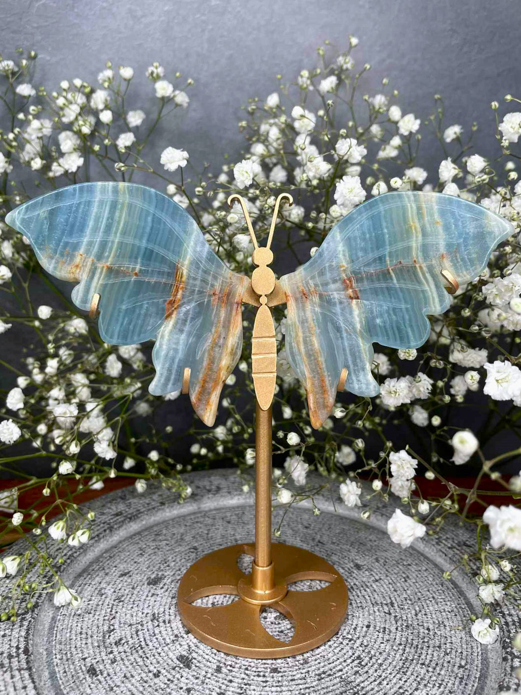 Breathtaking Blue Onyx Crystal Butterfly Wings On Gold Stand