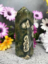Load image into Gallery viewer, High Quality Sea Green Orbicular Ocean Jasper Crystal Tower Point
