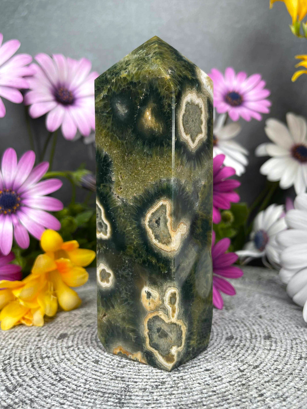 High Quality Sea Green Orbicular Ocean Jasper Crystal Tower Point