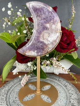 Load image into Gallery viewer, High Quality Pink Amethyst Flower Agate Crescent Moon On Gold Stand
