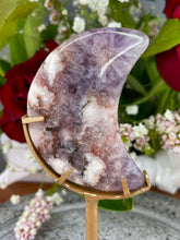 Load image into Gallery viewer, Pink Amethyst Flower Agate Crescent Moon On Gold Stand
