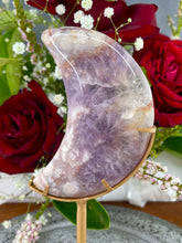 Load image into Gallery viewer, Beautiful High Quality Pink Amethyst Flower Agate Crescent Moon On Gold Stand
