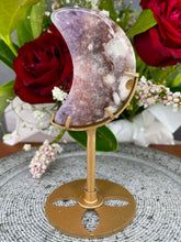 Load image into Gallery viewer, Pink Amethyst Flower Agate Crescent Moon On Gold Stand
