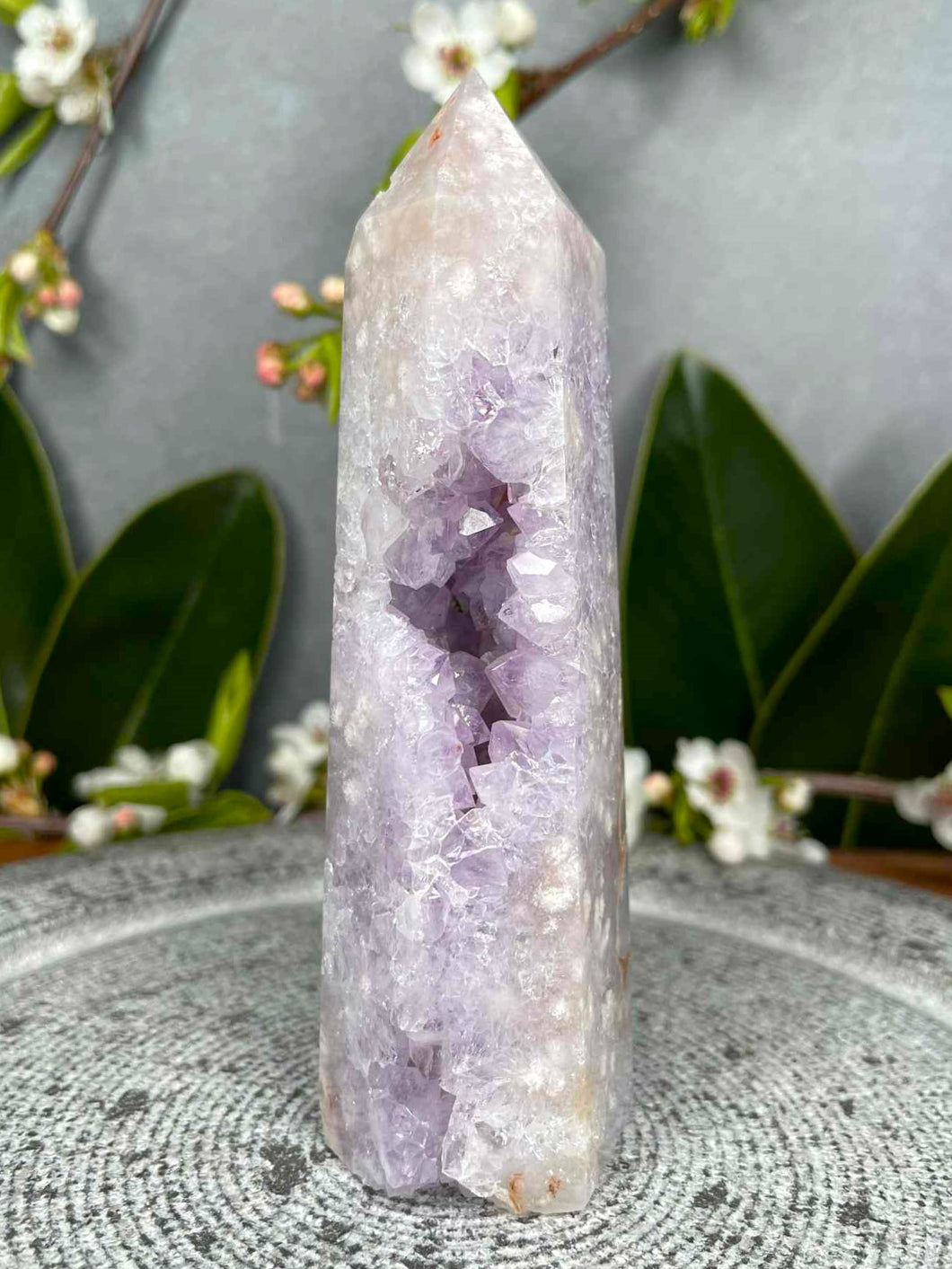 Peace Druzy Pink Amethyst Flower Agate Crystal Tower Point