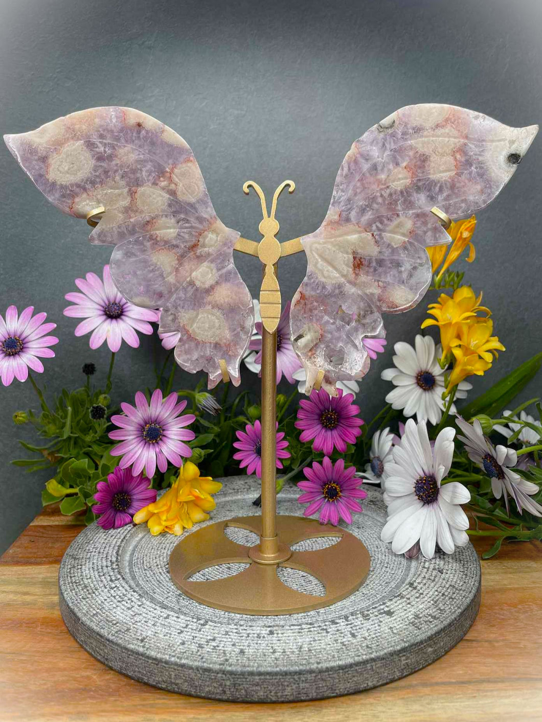 High Quality Pink Amethyst Flower Agate Crystal Butterfly Wings Gold Stand
