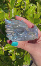 Load and play video in Gallery viewer, Labradorite Crystal Dragon Head Carving Blue Purple Flash
