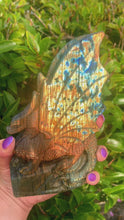 Load and play video in Gallery viewer, Incredible Labradorite Dragon Carving Orange Flash
