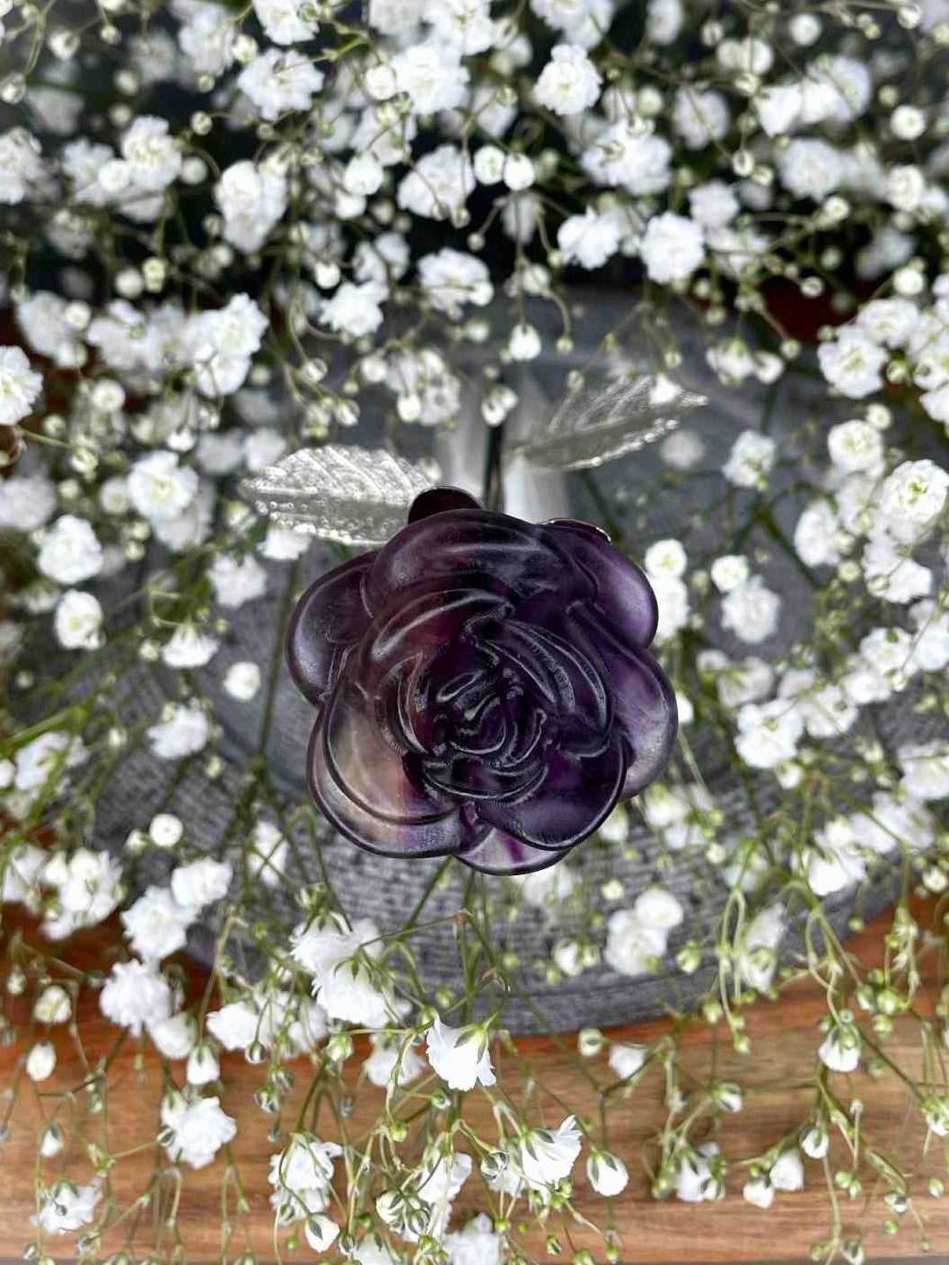 Beautiful Purple Fluorite Crystal Rose Carving Silver Stem