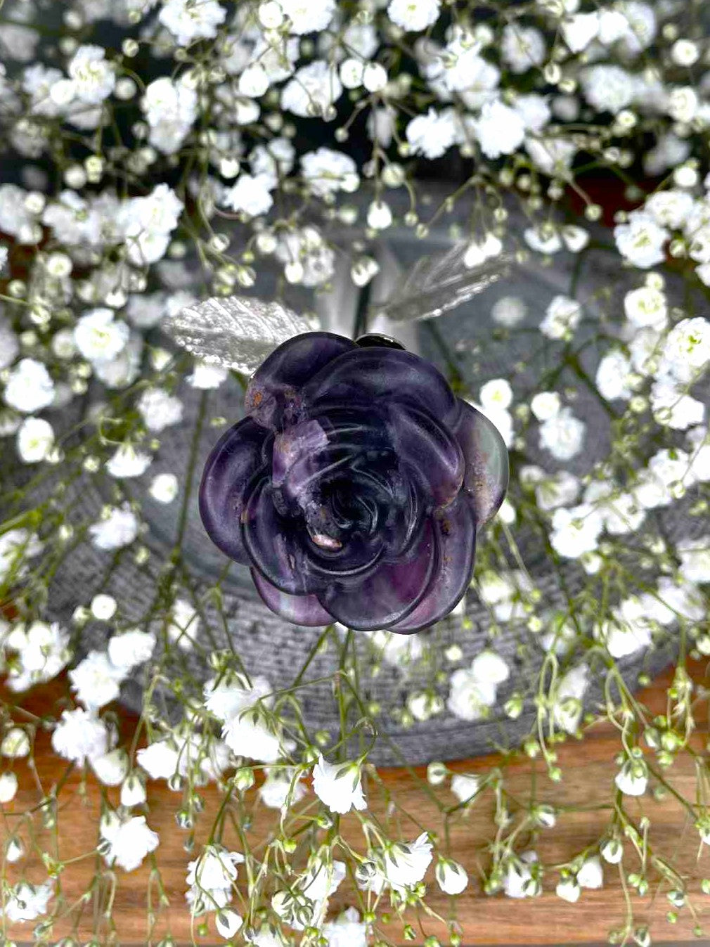 Intuition Purple Fluorite Crystal Rose Carving Silver Stem