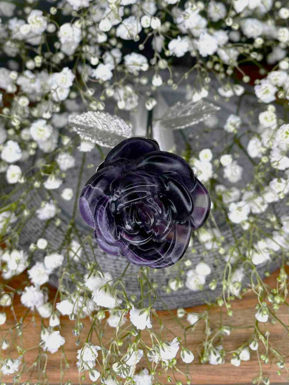 Stunning Purple Fluorite Crystal Rose Carving Silver Stem