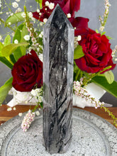 Load image into Gallery viewer, Stunning High Quality Quartz With Black Tourmaline Crystal Tower Point
