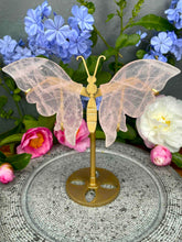 Load image into Gallery viewer, Rose Quartz Transparent Crystal Butterfly Wings On Gold Stand
