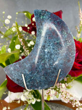 Load image into Gallery viewer, Stunning Kyanite Fuchsite Ruby Crescent Moon On Silver Zodiac Stand
