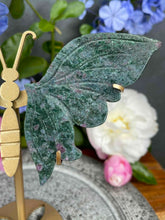 Load image into Gallery viewer, UV Ruby Kyanite Fuchsite Crystal Butterfly Wings On Gold Stand
