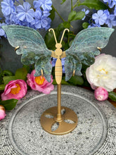 Load image into Gallery viewer, Ruby Kyanite Fuchsite Crystal Butterfly Wings On Gold Stand
