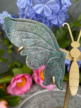Load image into Gallery viewer, Stunning UV Ruby Kyanite Fuchsite Crystal Butterfly Wings On Gold Stand
