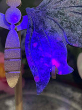Load image into Gallery viewer, UV Ruby Kyanite Fuchsite Crystal Butterfly Wings On Gold Stand
