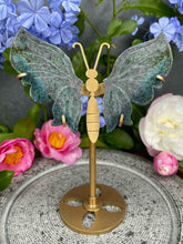 Load image into Gallery viewer, Beautiful UV Ruby Kyanite Fuchsite Crystal Butterfly Wings On Gold Stand
